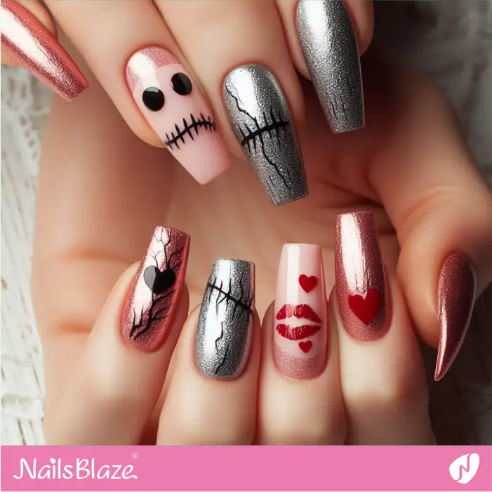 Silver and Pink Foil Nails Anti Valentine Design | Valentine Nails - NB2176